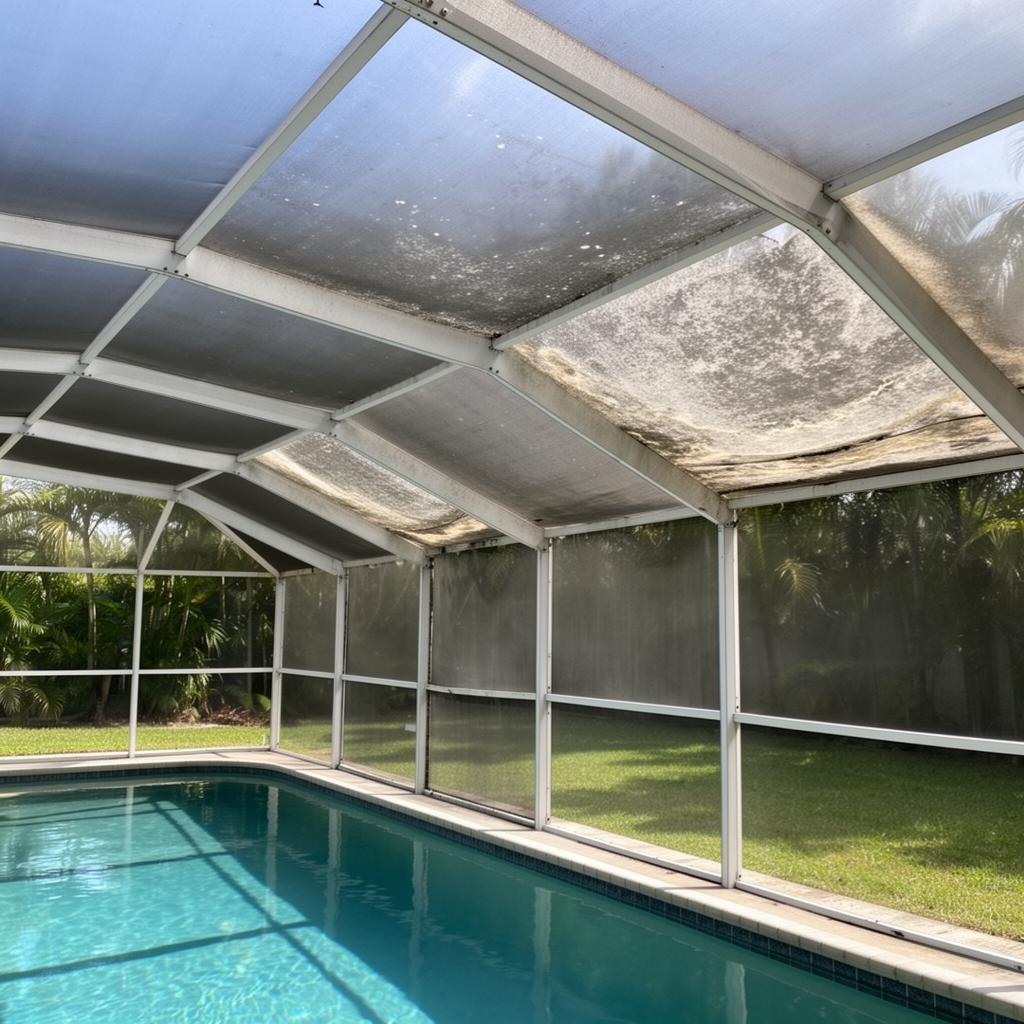 Faded, sagging patio enclosure